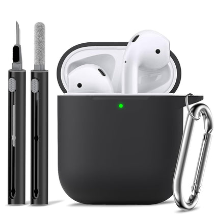 Ljusmicker Airpods Case Cover 2&1 with Cleaner Kit,Soft Silicone Protective Case Compatible with Apple AirPods 2nd/1st Generation Charging Case with Keychain,Shockproof AirPod Case for Women Men-Black