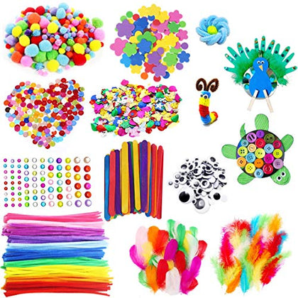 Arts and Crafts Supplies for Kids Including Feathers, Pipe Cleaners, Wiggle Googly Eyes, Pom Poms, Buttons, Ice Cream Sticks, Sequins And So On, School Kindergarten Homeschool Supplies Crafts for Kids