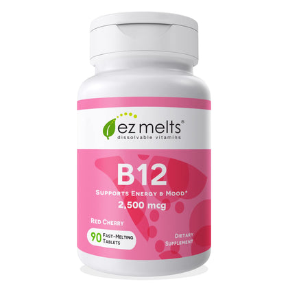 EZ Melts Dissolvable Vitamin B 12 Supplements for Improved Intake - Bioactive B 12 Vitamin to Help Overall Wellbeing - Zero Sugar - Vegan Tablets - Cherry Flavor - 90 Ct
