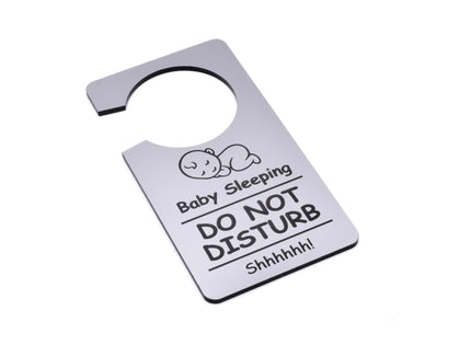Baby Sleeping, Do Not Disturb Sign, Door Hanger - Engraved in Wood Sapele or Plywood/or a Silver Metallic Acrylic (Silver Acrylic)