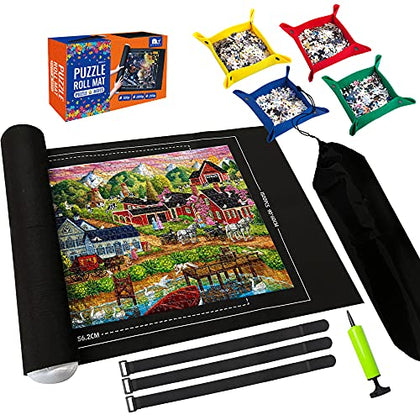 Puzzle Mat Roll Up,Store and Transport Puzzles to 1500 Pieces,with 4 Folding Jigsaw Sorting Tray, Hand Pump, Inflatable Tube, 45.7