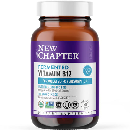 New Chapter Fermented Vitamin B12 1,000 mcg, USDA Organic, ONE Daily for Cellular Energy + Healthy Blood Cells, Certified Vegan, Gluten Free - 60 Count