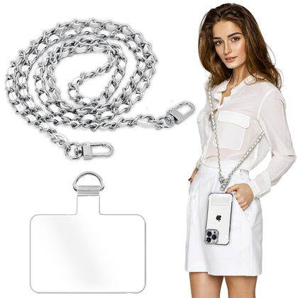 Turkalla Phone Crossbody Chain Cell Phone Lanyard,Leather+Metal Shouder Strap Universal Phone Chain Strap with Phone Tether Patches Compatible with Most Phones Bag Purse White Silver+White