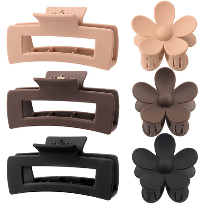 6 Pack 4.1 Inche Large Rectangle Hair Claw Clips Matte Flower Hair Clips, for Women Thin Thick Curly Hair, Neutral Colors