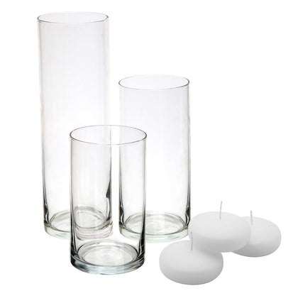 Royal Imports Glass Cylinder Flower Centerpiece Vases Set of 3 - Hurricane Candle Holder Pillar, Floating, Tealights - Use for Floral, Wedding, Home Decor, Holiday Includes 3 Floating Candles