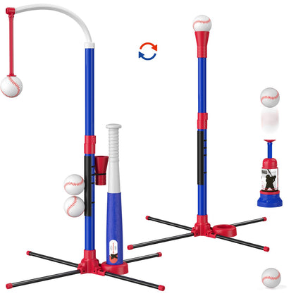 HYES 3 in 1 T Ball Set for Kids 3-5, Kids Baseball with Hanging Tee/Standing Tee/Automatic Launcher/6 Softballs, Adjustable Height Toddler Baseball Sets Indoor Outdoor Sport Gifts Toys for Boys, Blue