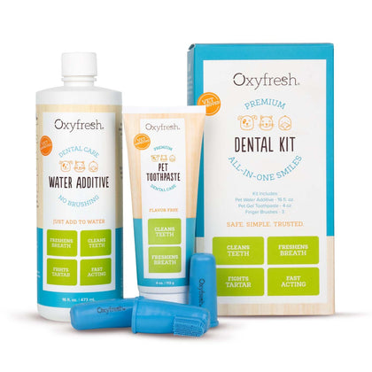Oxyfresh Premium Pet Dental Kit for Dogs & Cats - Easy Solution for Pet Fresh Breath, Clean Teeth, Control Plaque & Tartar - Vet Formulated Pet Toothpaste, 4oz + Water Additive, 16oz Kit