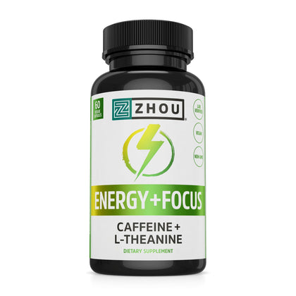 Zhou Natural Caffeine Pills 100mg with L-Theanine 200mg, Nootropic Supplement, Clean Energy, Endurance and MentalFocus, Non-GMO, Vegan, Gluten-Free, 60 Capsules