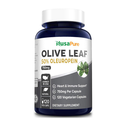 NusaPure Olive Leaf Extract (Non-GMO, Gluten Free) 750 mg - 50% Oleuropein - Vegan - Super Strength - No Oil - 120 Capsules