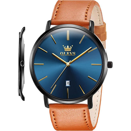 OLEVS Mens Ultra Thin Slim Minimalist Big Face Date Brown Leather Wrist Watches Gifts for Male Teens Waterproof Classic Casual Navy Blue Dial Black Bezel Gold Analog Quartz Watch with Retro Strap Band