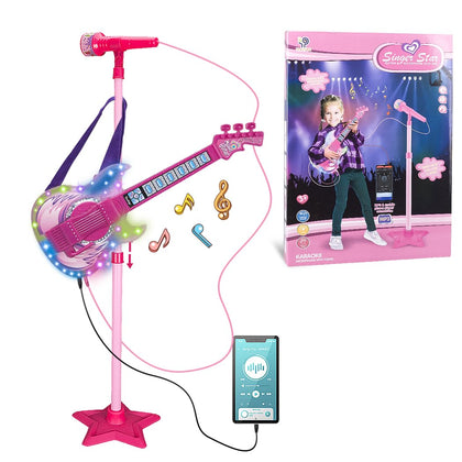 TAKIHON Guitar and Microphone Set for Kids,Guitar Toys with Music&Colorful Light,Adjustable Height Microphone with Stand,Karaoke Toys Gift for Boy,Girls,Toddlers(Red)-Upgraded