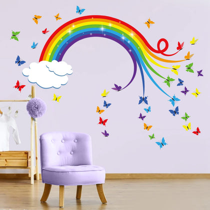 decalmile Rainbow Wall Decals Colourful Butterflies Cloud Wall Stickers Baby Nursery Kids Bedroom Living Room Wall Decor