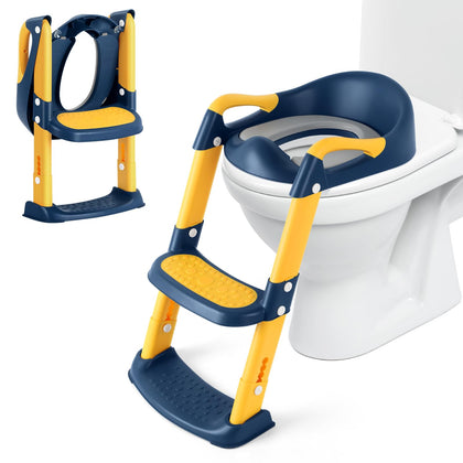 Toddler Toilet Seat with Step Stool Foldable Potty Training Toilet Seat for Kids Boys Girls with Detachable Padded Cushion Potty Training Seat with Ladder, Blue Yellow