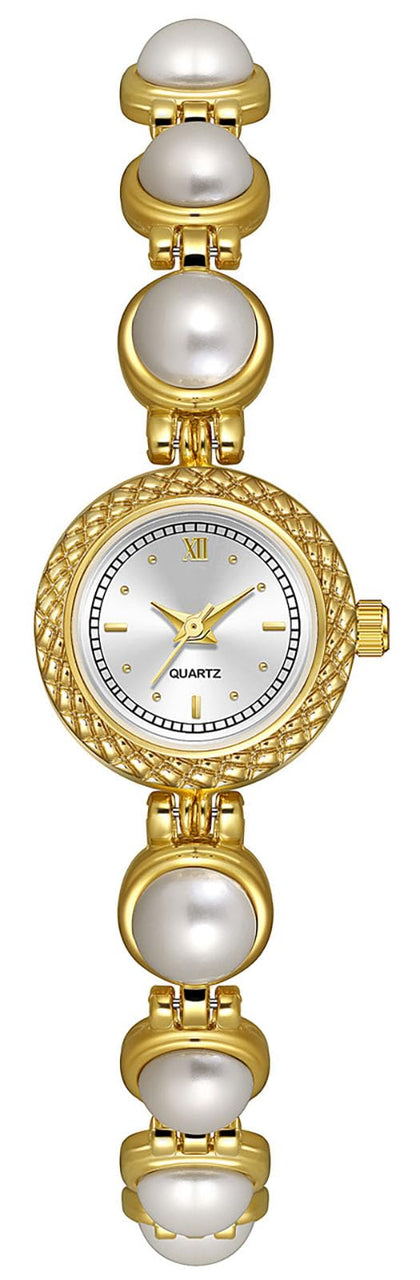ADSBIAOYE Elegant Women Pearl Bracelet Watches Fashion Dress Quartz Watch Ladies Gift Watches (2 Gold-White)