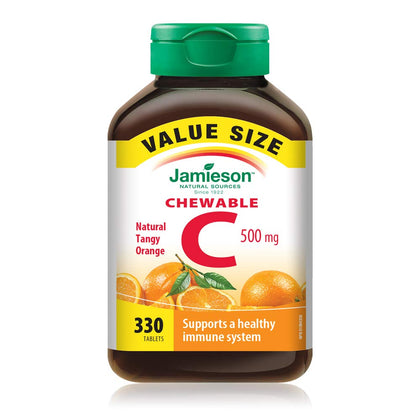 Jamieson Chewable Vitamin-C 500mg Value Supplement Pack(330 Count), Tangy Orange, Imported from Canada)