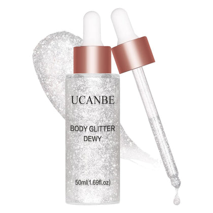 UCANBE Highlighter Makeup Drops Body Glitter Dewy Liquid Face Glow Shimmer for Women Holographic Luminizer for Face (Silver Fairy White #02)