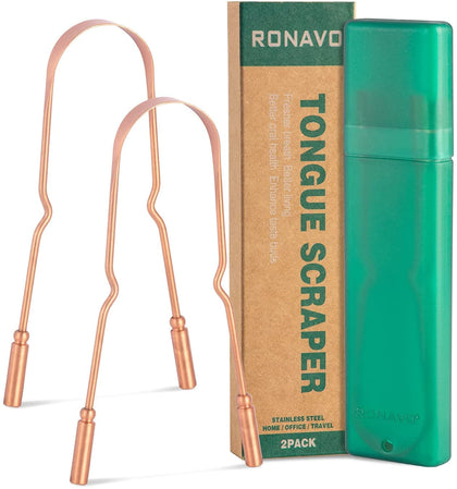 RONAVO Copper Tongue Scraper with Case (2 Pack), Tongue Scraper for Adults for Oral Care, Fresher Breath and Maintains Oral Hygiene, Easy to Use and Clean