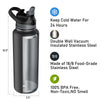 ICEWATER - 40 oz Insulated Water Bottle With Auto Straw Lid and Carry Handle, Leakproof Lockable Lid with Soft Silicone Spout, One-hand Operation, Vacuum Stainless Steel, BPA-Free (40 oz, Black)