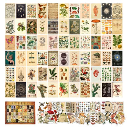 ANERZA 100 PCS Vintage Wall Collage Kit Aesthetic Pictures, Cottagecore Room Decor for Bedroom Posters, Cute Dorm Photo for Teen Girls, Botanical Wall Art