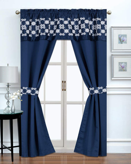Regal Home Collections Leila Room Darkening Curtains 5-Piece Set - Rod Pocket Window Curtain Panels with Embroidered Valance and Tie Backs - Blocks Light Up to 90% (56in W x 84in L, Navy/White)