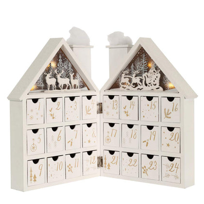 PIONEER-EFFORT Wooden Christmas Advent Calendar House with 24 Drawers and Led Lights Countdown Calendars for Christmas Decoration 2023, Candy Box (White Forest)