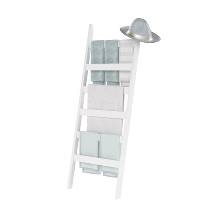 POXAKA Blanket Ladder, 6 Tier Blanket Holder, 68.9 Inch Tall Blanket Rack, Ladder Shelf Against The Wall, Rustic Bamboo Quilt Rack Stand in Bathroom, Living Room, Bedroom, White
