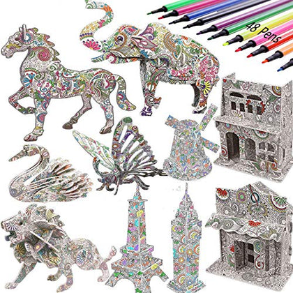 3D Coloring Puzzle Set,10 Pack Puzzles with 48 Pen Markers, Art Coloring Painting 3D Puzzle for Kids Age 7 8 9 10 11 12. Fun Creative DIY Toys Gift for Girls and Boy