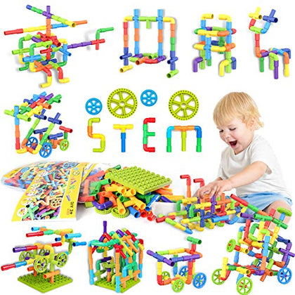 175 Piece STEM Building Blocks, Pipe Tube Sensory Toys, Creative Tube Locks Construction Set with Wheels Baseplate, Preschool Educational Learning Toys, Present Gift for Toddler Boys Girls Aged 3+