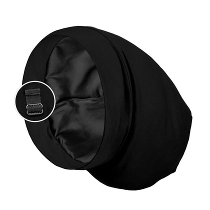 PARISBELLA Satin Lined Sleep Cap Bonnet for Curly Hair and Braids, Stay On All Night Wrap with Adjustable Strap for Women and Men, Black, Pack of 1