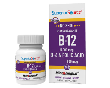 Superior Source No Shot Vitamin B12 Methylcobalamin (5000 mcg), B6, Folic Acid, Quick Dissolve Sublingual Tablets, 60 Ct, Increase Energy, Healthy Heart, Boost Metabolism, Stress Support, Non-GMO