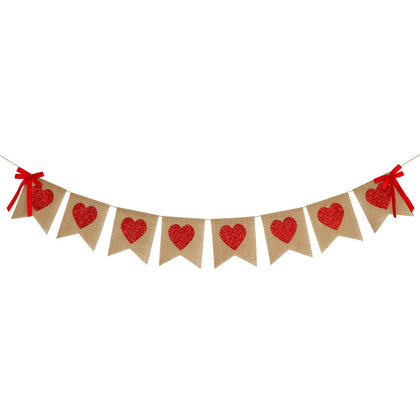 Burlap Heart Banner Garland | Red Glitter Heart | Valentine's Day Decorations| Rustic Valentines Decor | Valentines Burlap Banner | Wedding Anniversary Birthday Party Decorations Supplies