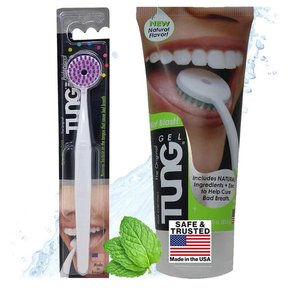 Peak Essentials | TUNG Natural Brush & Gel Kit | Tongue Cleaner for Adults | Tongue Scraper to Fight Bad Breath and Halitosis | Mouth Odor Eliminator | Fresh Mint | Made in America (Starter Pack)