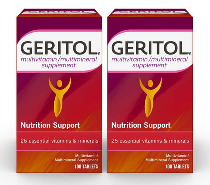 Geritol, Multivitamin Supplement, Contains B-Vitamins, Antioxidants, Vitamins C, E & D and Iron, 26 Essential Vitamins and Minerals, Gluten-Free, Non-GMO, No Artificial Sweeteners, 100 Tablets (Pack of 2)