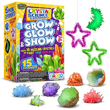 Crystal Growing Kit for Kids - 10 Crystals Science Experiment Kit + 2 Glow in The Dark Crystals with DIY Paint Display Stand - Great Gift for Girls and Boys Ages 6-12