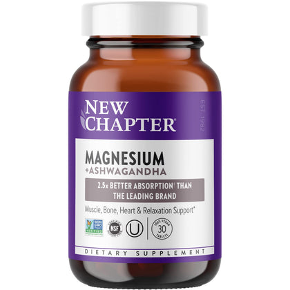 New Chapter Magnesium with Ashwagandha 325 mg Tablets, 30 Count - Promotes Muscle Recovery, Heart & Bone Health, Calm & Relaxation, Gluten Free, Non-GMO