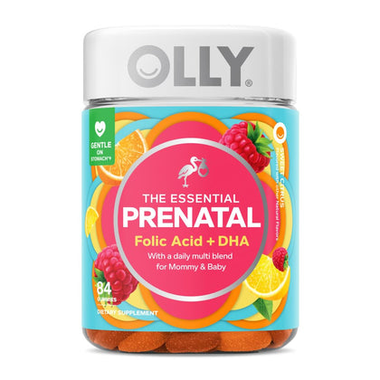 OLLY Essential Prenatal Gummy Multivitamin, Folic Acid, Vitamin D, Omega 3 DHA, Supports Healthy Growth and Brain Development, Citrus Berry - 84 Count