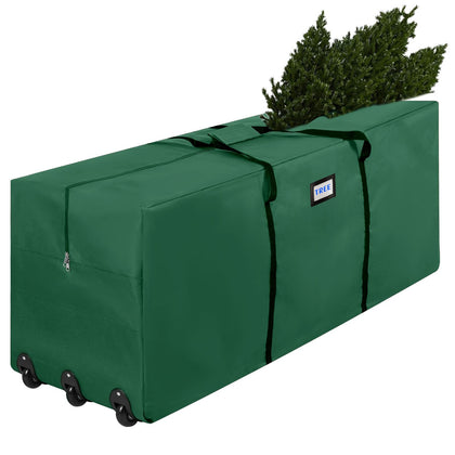 Dinoera Rolling Large Christmas Tree Storage Bag, Fits Up to 9 Foot Artificial Xmas Disassembled Trees, Christmas Tree Storage Container with Wheels Against Dust, Insects & Moisture (Green)