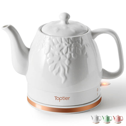 Toptier Electric Ceramic Tea Kettle, Boil Water Quickly and Easily, Detachable Swivel Base & Boil Dry Protection, Carefree Auto Shut Off, 1 L, White Leaf