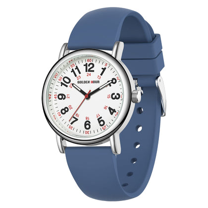 GOLDEN HOUR Waterproof Nurse Watch, 38mm, 24-hour Luminous Dial, Red Second Hand, Silicone Band, Navy Blue