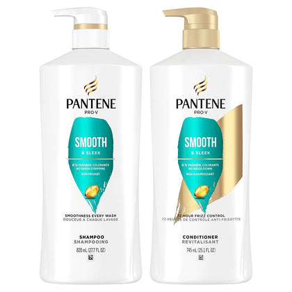 Pantene Shampoo 27.7oz, Conditioner 25.1 oz and Hair Treatment 0.5 oz - 3 Piece Set, Smooth and Sleek for 72+ Hours of Lasting Frizz Control, Safe for Color-Treated Hair