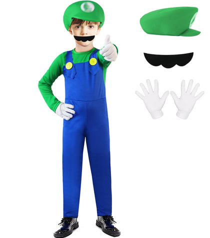 BOMLY Mario Costume for Kids Halloween Plumber Cosplay Outfit Boys Jumpsuit with Accessory (Kids-Green, Large)