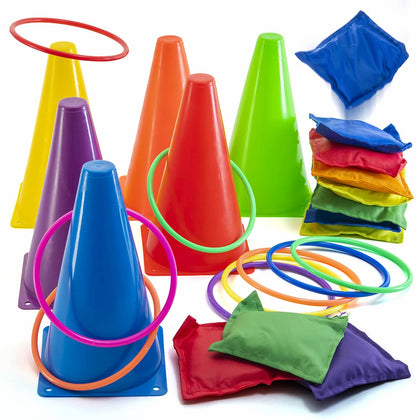 Prextex Multicolored 3-in-1 Yard Game Set - Ring Toss Game, Bean Bags, Cones - Outdoor Toys for Toddlers & Kids, Children's Indoor Play, Family Fun Carnival Games, Kids Party Cornhole Set, Lawn Games