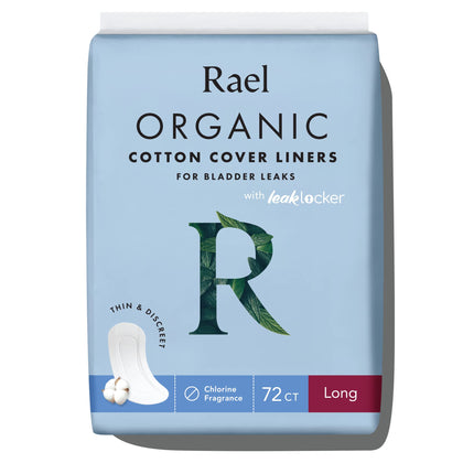 Rael Incontinence Liners for Women, Organic Cotton Cover - Postpartum Essential, Regular Absorbency, Bladder Leak Control, 4 Layer Core with Leak Guard Technology, (Long, 72 Count)