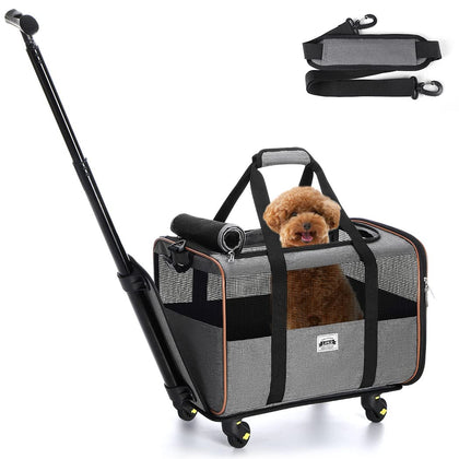 Lekesky Cat Dog Carrier with Wheels Airline Approved Rolling Pet Carrier with Telescopic Handle and Shoulder Strap, Grey