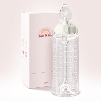 You & Me Pregnancy Water Bottle Tracker 64oz BPA Free -Weekly Stickers + Straw+ Storage Sleeve and Covered Straw Lid + BPA Free
