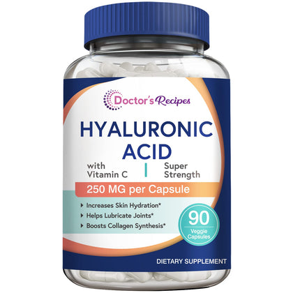 Doctor's Recipes Hyaluronic Acid 250 mg Per Capsule, with Vitamin C, Supports Skin Hydration, Joint Lubrication, Collagen Synthesis, 90 Vegan Caps (90 Day Supply)