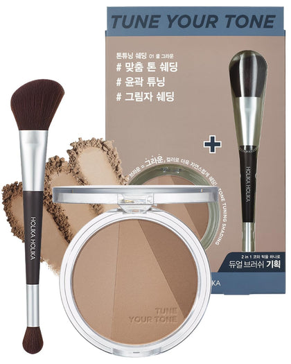 HOLIKA HOLIKA Tone Tuning Shading Contour Palette with Double Ended Contour Brush 01 Cool Grown - Contouring Pressed Powder Korean Cosmetics with Optimal Ratio 3 Colors for Flawless, Long-Lasting Makeup