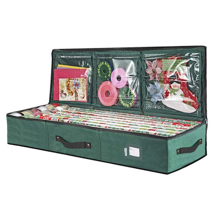 Primode Wrapping Paper Storage Container | Gift Wrap Organizer Under Bed | 41x14x6 | Box Holder for 18-24 Rolls Up to 40 | 600D Oxford Material | Pockets for Ribbon, Bows, and Accessories (Green)