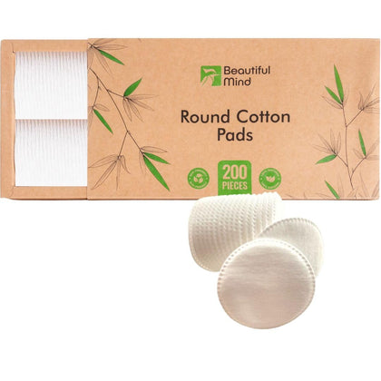Beautiful Mind Cotton Rounds Makeup Remover Pads - Pack of 200 - Lint Free Eco-Friendly & Compostable - Use as Makeup Applicator, Nail Polish Remover, or Baby Care Pad - Kraft Box