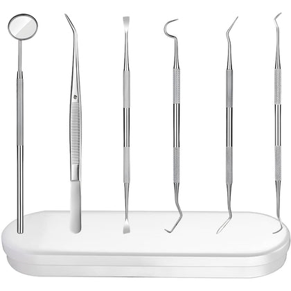 6 Pieces Dental Tools Set, Professional Stainless Steel Dental Hygiene Cleaning Kit with Case, Including Dental Mirror, Plaque Tartar Remover for Teeth, Tweezers, Probe, and Pick Scaler for Oral Care